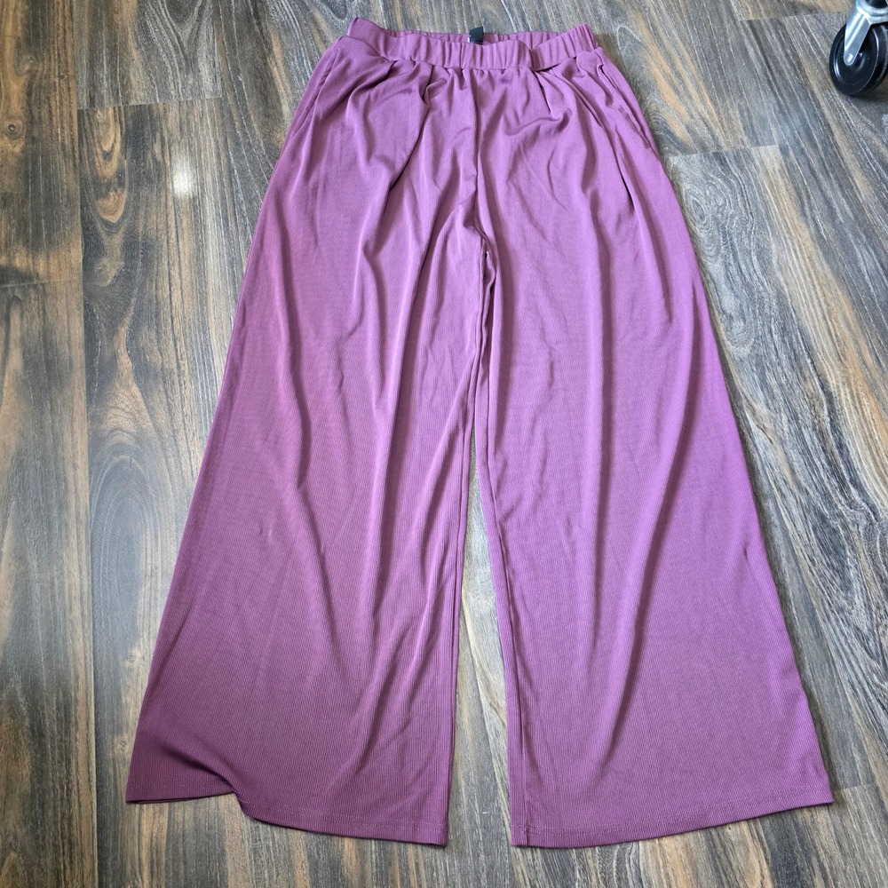 Cider Womens Purple Ribbed Knit Wide Leg Pants High Waist Pockets Size L